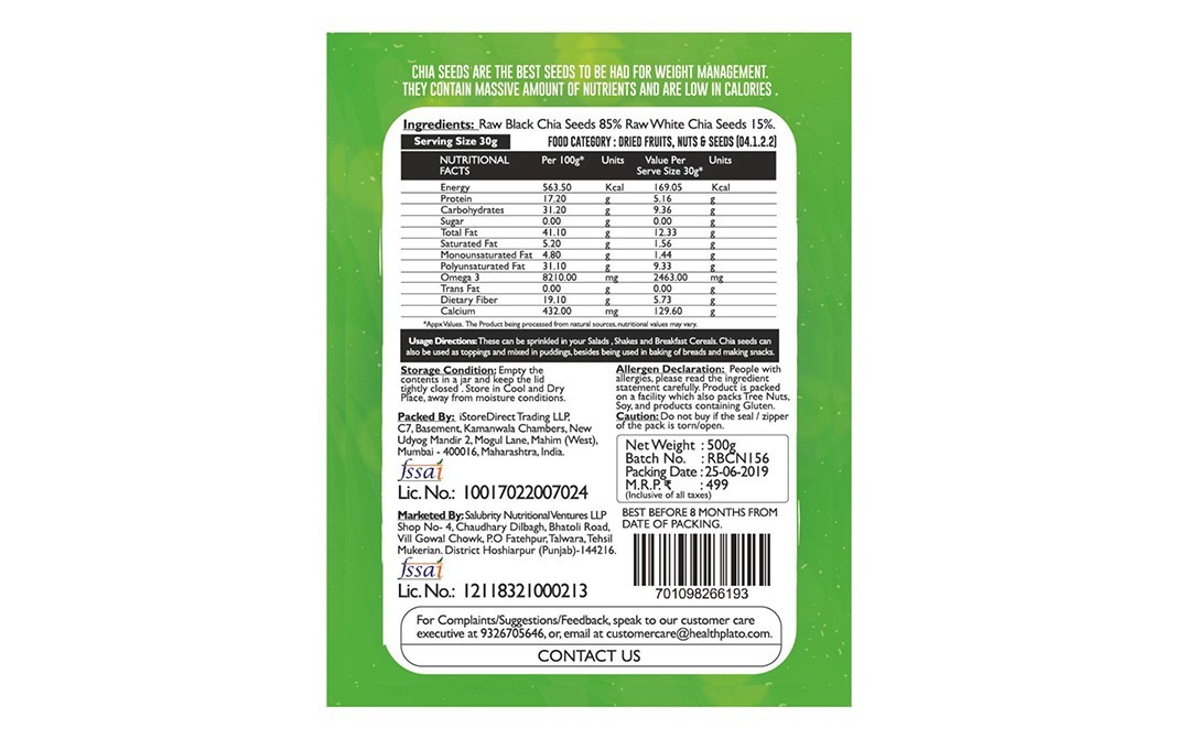 Nutriplato Raw Black Chia Seeds    Pack  500 grams